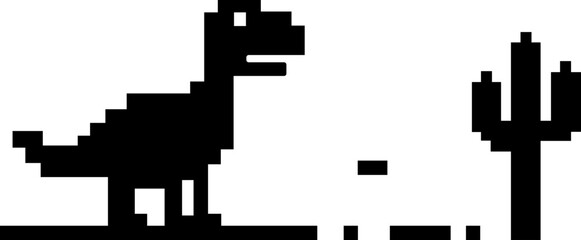 Dinosaur pixel icon retro game style vector silhouettes and outline illustrations, prehistoric animals, desert cactus scene, isolated design element. © WaQar