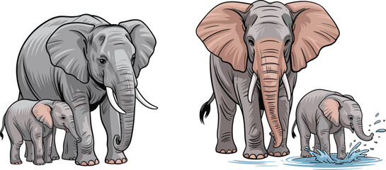 African elephant mother and baby calf walking and playing in water vector illustration set © Its me...