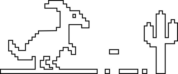 Dinosaur pixel icon retro game style vector silhouettes and outline illustrations, prehistoric animals, desert cactus scene, isolated design element. © WaQar