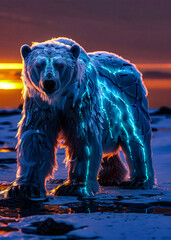 majestic polar bear standing on snowy ground during colorful sunset with natural lighting and copy s