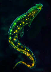 a green and yellow fish with spots on a dark background with natural lighting and copy space for pro