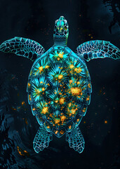 Vibrant glowing sea turtle with intricate patterns on its shell underwater with natural lighting eff