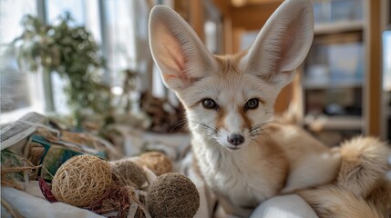 Fototapeta premium Fennec fox with enormous ears playing with toys in a specially prepared enrichment space at home, perfect for exotic pet lifestyle, fennec fox care, rare small mammal, unusual pet owner, modern