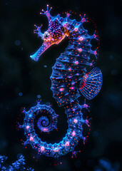 a colorful seahorse with pink and blue lights on its body in the water with a dark background and co