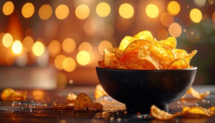 A close-up shot of a dark bowl overflowing with crispy, golden-brown potato chips, resting on a reflective surface. Bokeh lights