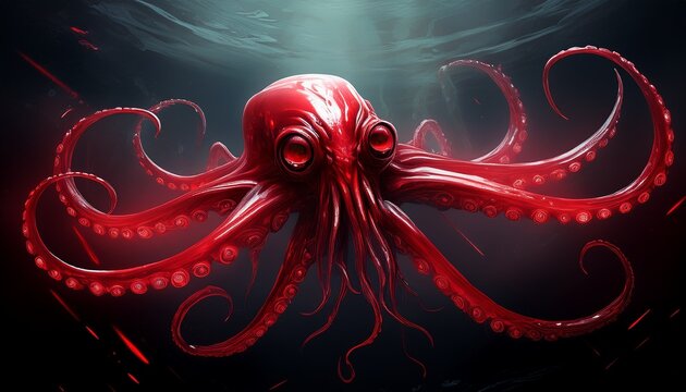 vampire squid floating with extended arms in red lighting