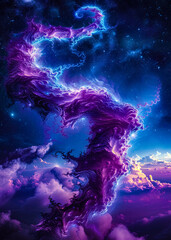 a purple and blue dragon in the sky with clouds and stars cosmic scene fantasy creature space backgr