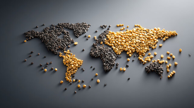 World map crafted from coffee beans, showcasing global coffee production and trade routes. A detailed world map meticulously assembled from dark roasted and light roasted coffee beans