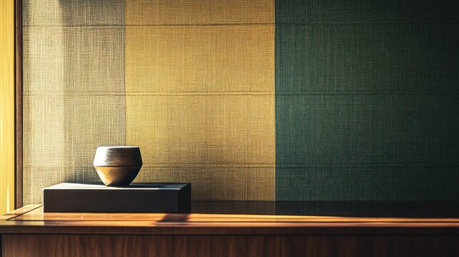 Rustic display of earthenware. Sunlight filters through window to warm brown and beige tones