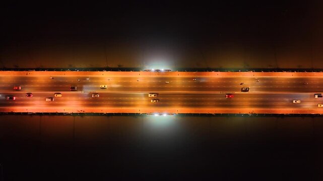 Expressway, Self-driving autonomous electric cars of the future with elements move along a busy traffic intersection. Artificial Intelligence, Car Scan, GPS Tracking, Smart Roads, IoT, highway