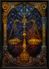 a stunning stained glass window with a golden scale and clock close up detail view natural lighting