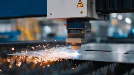 Laser cutting machine slicing intricate patterns through stainless steel sheet with bright focused beam, perfect for precision metal fabrication, laser cutting technology, automated manufacturing,
