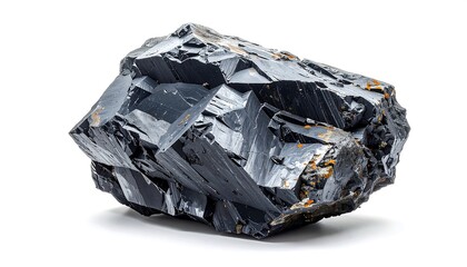 A close-up shot of a dark gray, irregularly shaped mineral specimen with angular facets, sitting against a white background