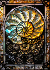 Stunning stained glass window featuring a nautilus shell design with intricate details and vibrant c
