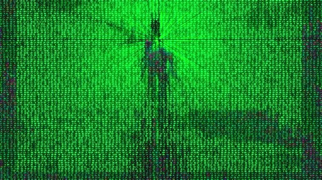 Cyberpunk hacker silhouette walking through digital matrix rain: Flickered rays and glowing green text code with crimson glow - Cinematic sci-fi concept 3D render ACEs animation.