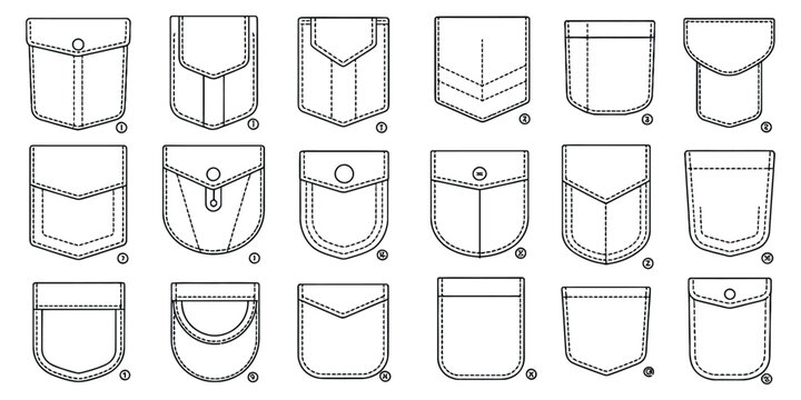 Fashion pocket collection, flat apparel pocket designs in multiple shapes and styles, clothing construction details for garments, professional technical CAD style vector illustration bundle.