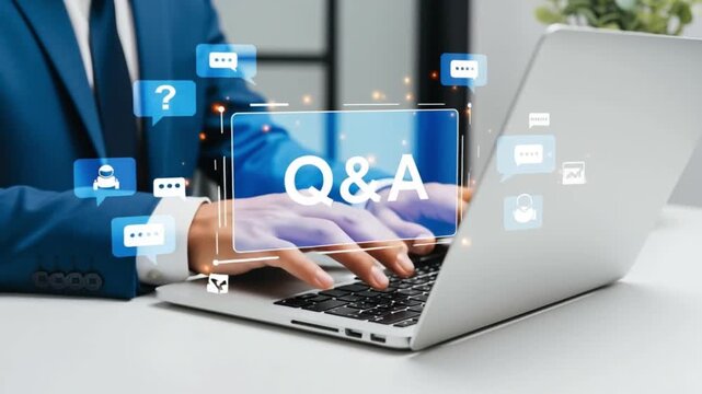 Man typing on laptop with Q&A interface, 4k video footage, modern office, cinematic