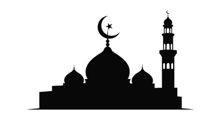 A striking black silhouette depicts a mosque with a crescent moon and star showcasing islamic architecture silhouette © AL-AMIN