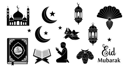 Islamic elements including a mosque crescent moons and eid mubarak greetings © Mdselim