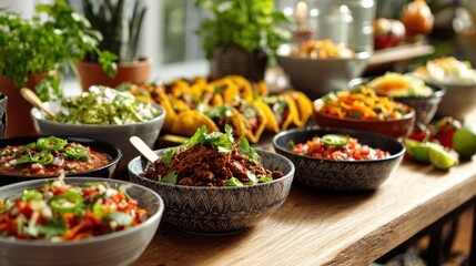 Fototapeta premium colorful dishes with salsa guacamole and shredded meat on wooden table with tacos in background under natural light concept of mexican cuisine food photography culinary arts