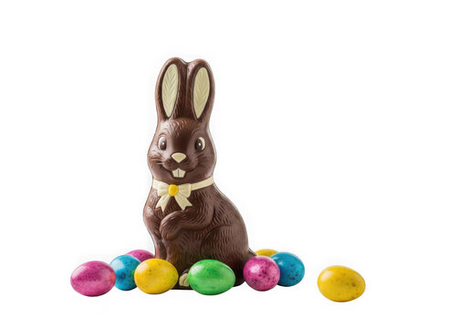 Chocolate easter bunny with colorful eggs