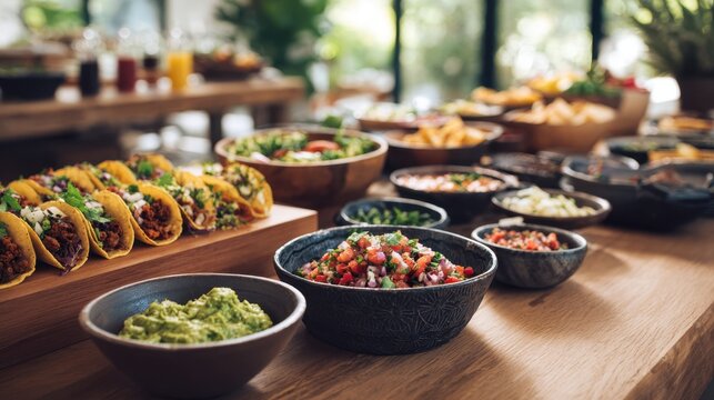 vibrant spread of mexican food on wooden table with tacos filled with meat cilantro and onions surrounded by guacamole and salsa in natural light concept of cuisine dining culinary arts