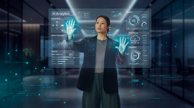 AI analytics dashboard interface operated by businesswoman in modern office