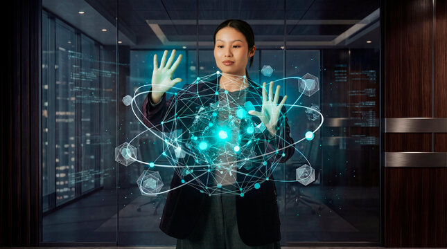 Digital network sphere interface controlled by woman in corporate office