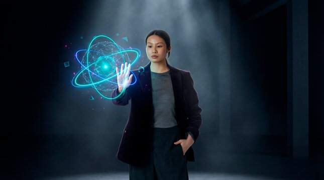 Woman interacting with holographic atom interface in dark studio