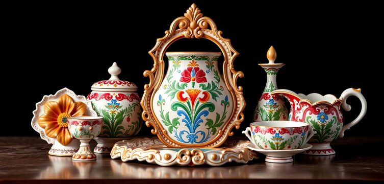 Elegant Italian-style ceramic decorative set, featuring ornate details and vibrant colors, details, surface