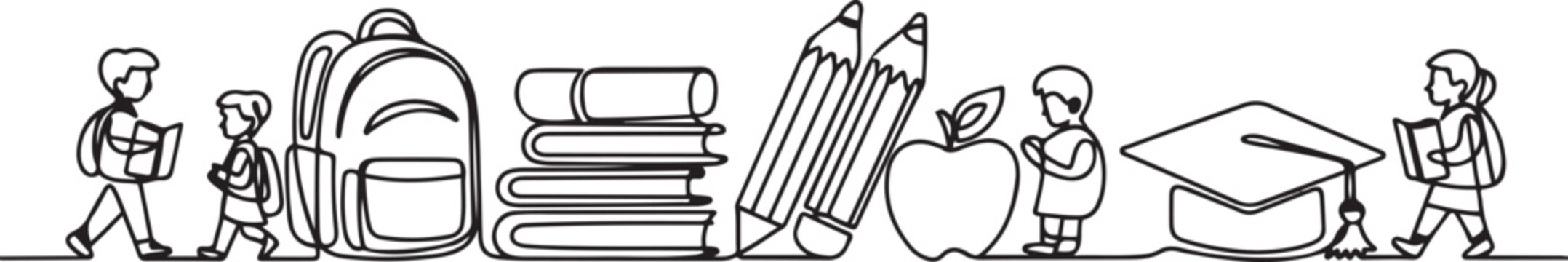 One continuous line drawing of Back to school design vector illustration. Students activity after holiday in design. one line Icon drawing