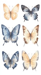 Obraz premium Set of flying butterflies in blue, beige, brown and indigo colors in a vintage watercolor style for design projects