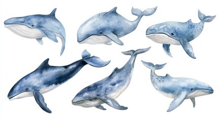 Fototapeta premium Collection of watercolor illustrations of marine animals including whales on a transparent background