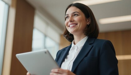 Business meeting highlights professional woman smiling with tablet in modern office confident environment positive outlook