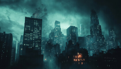 Fototapeta premium Mysterious city skyline at night with dramatic clouds and ethereal lighting creating an eerie yet captivating atmosphere