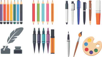 Colorful stationery and art supplies icons set pencils pens markers brush palette vector illustration collection © Its me...