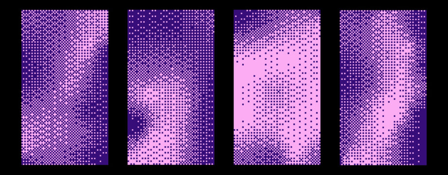 Bitmap dither pixel blue and pink texture background set. Retro vintage Y2K gradient abstract halftone 8-bit pixel art.Leisure, arcade games duotone border frame.Creative concept vector illustration 