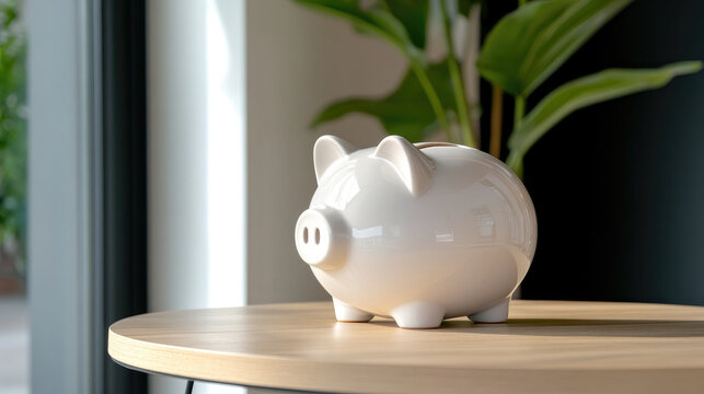 White ceramic piggy bank sitting on a light wooden desk, symbolizing financial growth, prudent spending, budgeting, and long term security in a modern setting