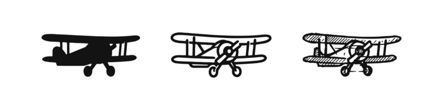 Angled Biplane Icon Set. Vector silhouette, outline, and hand-drawn sketch style vintage airplane graphics.