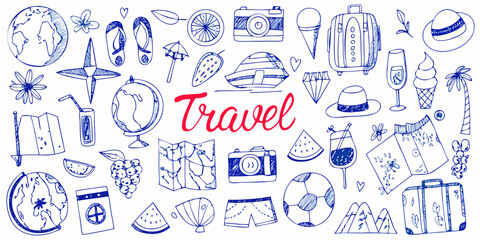 Doodle style illustration of travel themed objects and handwritten text © Sanjoy