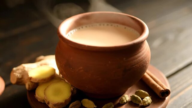 Traditional indian masala chai served hot in a rustic clay cup. Aromatic beverage with fresh ginger, cardamom and cinnamon spices for a healthy winter drink concept