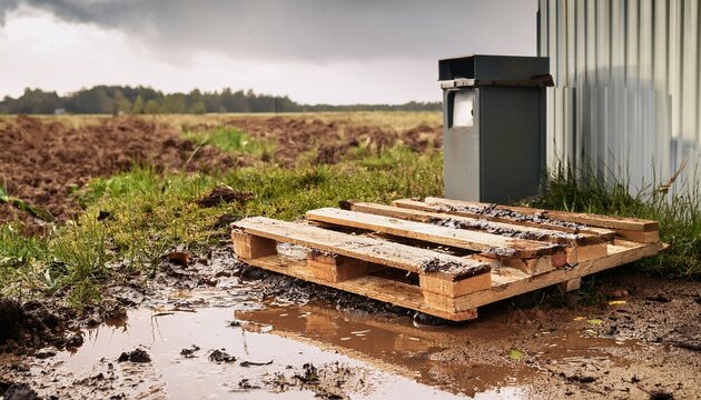 broken wooden pallet in mud beside utility box after rain