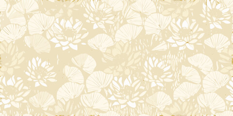 Delicate floral pattern with shells in soft beige and gold tones