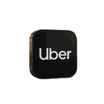 Uber logo icon on black square background with white text isolated on white in clean 3D render style representing Uber ride-sharing service, modern urban transportation, mobile app platform, taxi and 