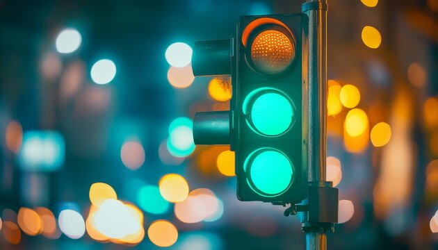 Traffic lights illuminate city streets at night, showcasing vibrant colors beneath a blurred urban backdrop