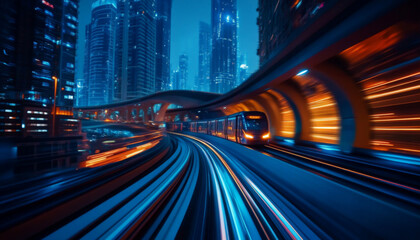Fototapeta premium Dynamic urban train traveling through futuristic cityscape at night with stunning neon lights creating vibrant motion blur effects