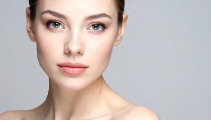 A close-up shot of a fair-skinned woman with makeup, looking directly at the camera against a gray backdrop