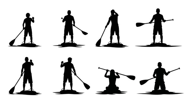 Collection of Silhouettes of People Paddleboarding in Various Poses.
