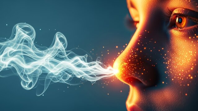 Close up of a human profile intensely inhaling shimmering blue vapor or smoke, highlighting sensory perception and olfactory input