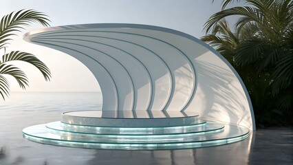 Obraz premium Futuristic Outdoor Stage with Wave Canopy and Tropical Foliage Keywords: stage, podium, platform